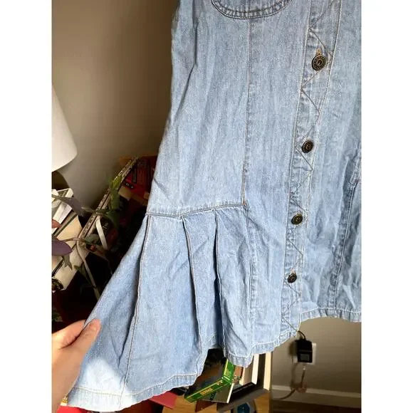 Vintage 1990's Light Denim Jean Ruffle Mini Dress Medium Western Coastal Cowgirl - Picture 4 of 5